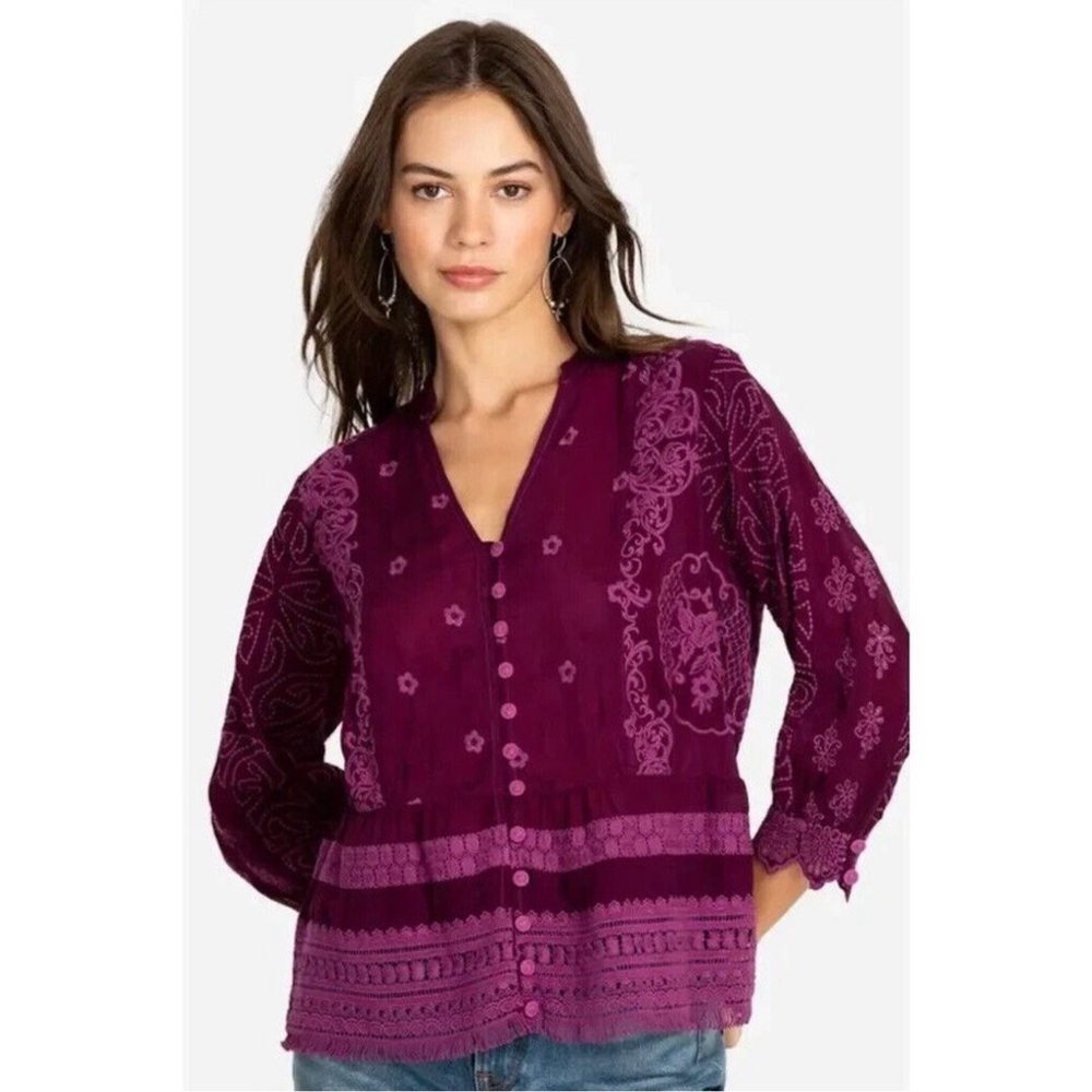 Johnny Was Polyvore Juniper Blouse Purple Pink Embroidered Floral Crochet